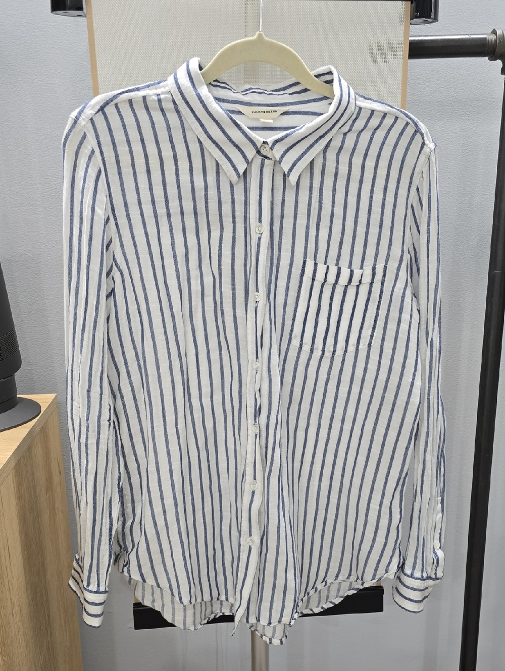 Lucky Brand White Button-Down Shirt with Blue Vertical Stripes